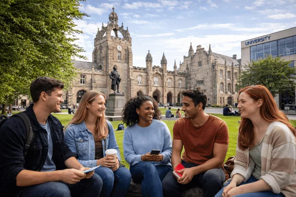 University students at Aberdeen campus near historic city centre