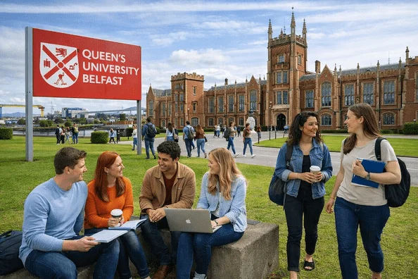 Belfast university students studying near city waterfront