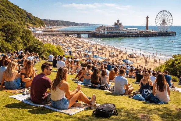 University students relaxing at Bournemouth beach with pier in background