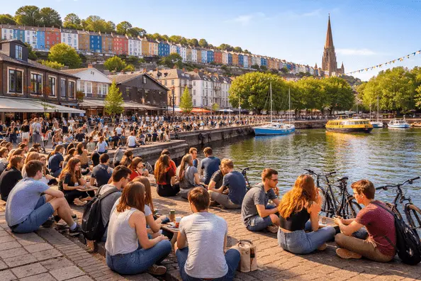 University students relaxing at Bristol Harbourside with colourful Clifton houses in the background