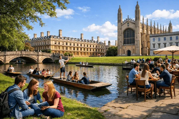Cambridge students enjoying River Cam punting and King's College outdoors