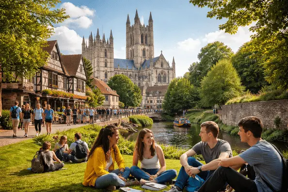 Canterbury students by Cathedral enjoying riverside study and social life