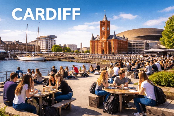 Cardiff Bay students near Pierhead Building and Millennium Centre Wales