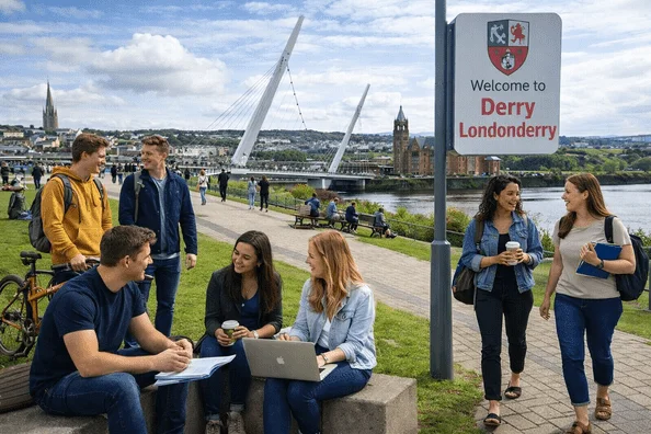 Derry university students near Peace Bridge studying and socialising