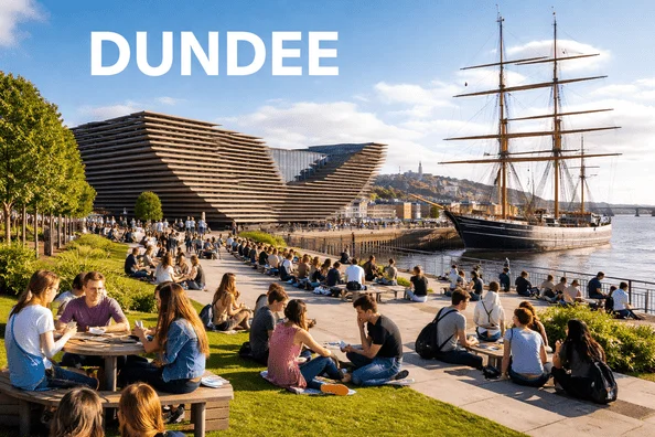 Dundee waterfront students near V&A Museum and RRS Discovery Scotland