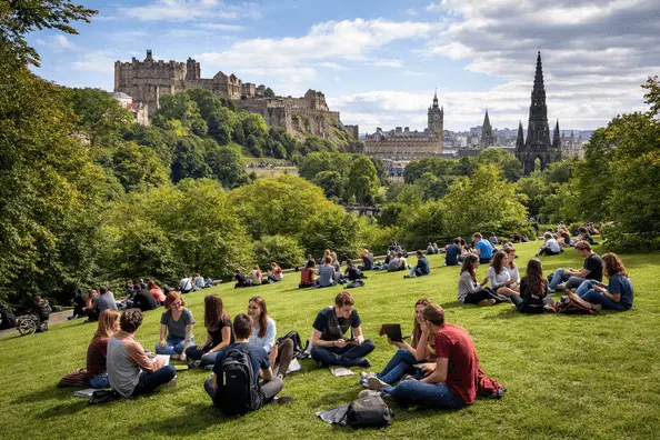University students relaxing on grass with Edinburgh Castle and Scott Monument in background