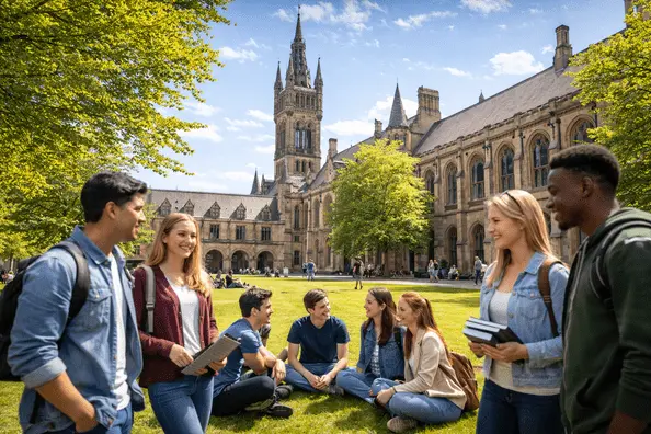 Students studying at University of Glasgow campus lawn