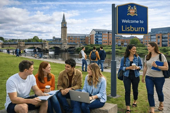 Lisburn university students studying by Lagan River and clock tower