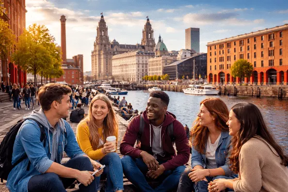 University students socialising at Liverpool Albert Dock waterfront