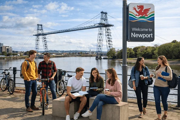 Newport Transporter Bridge students studying by River Usk