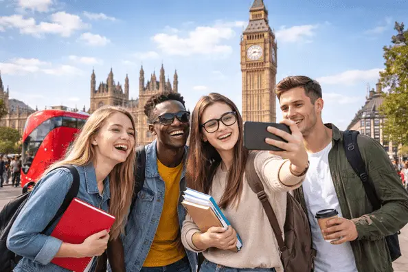University students taking a selfie near Big Ben in London