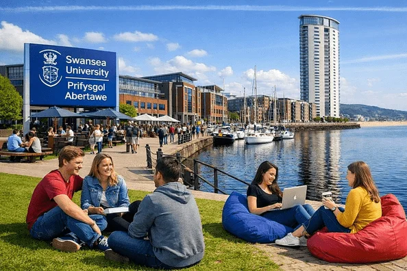 Swansea University waterfront students studying and socialising near marina