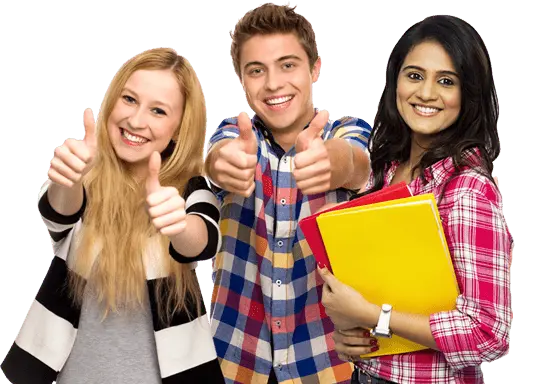 University students giving thumbs up with study materials
