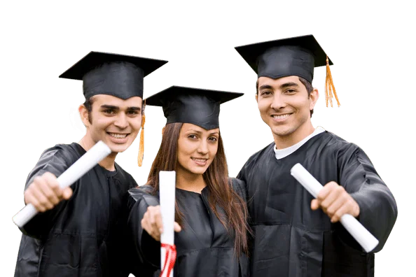 University graduates in caps and gowns holding diplomas