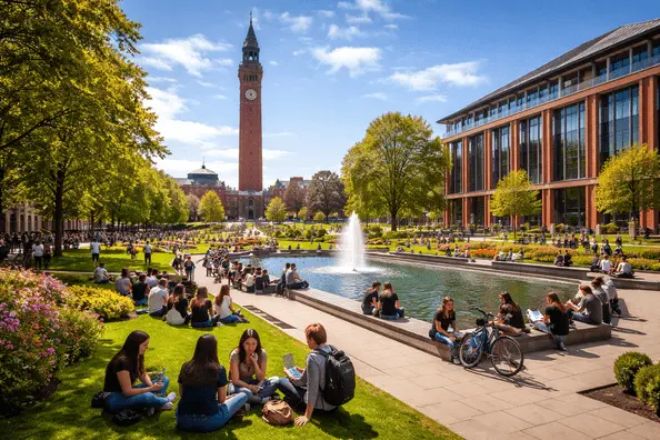 Students relaxing by the fountain with Old Joe clock tower at University of Birmingham campus