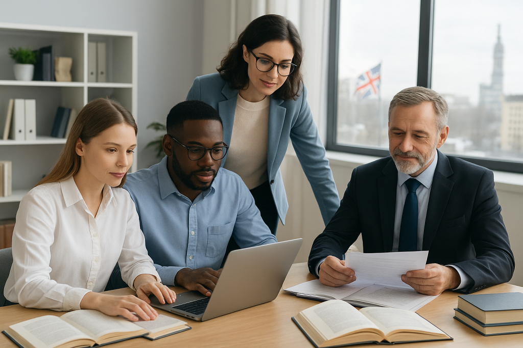 UK academic writers collaborating in a modern Birmingham office